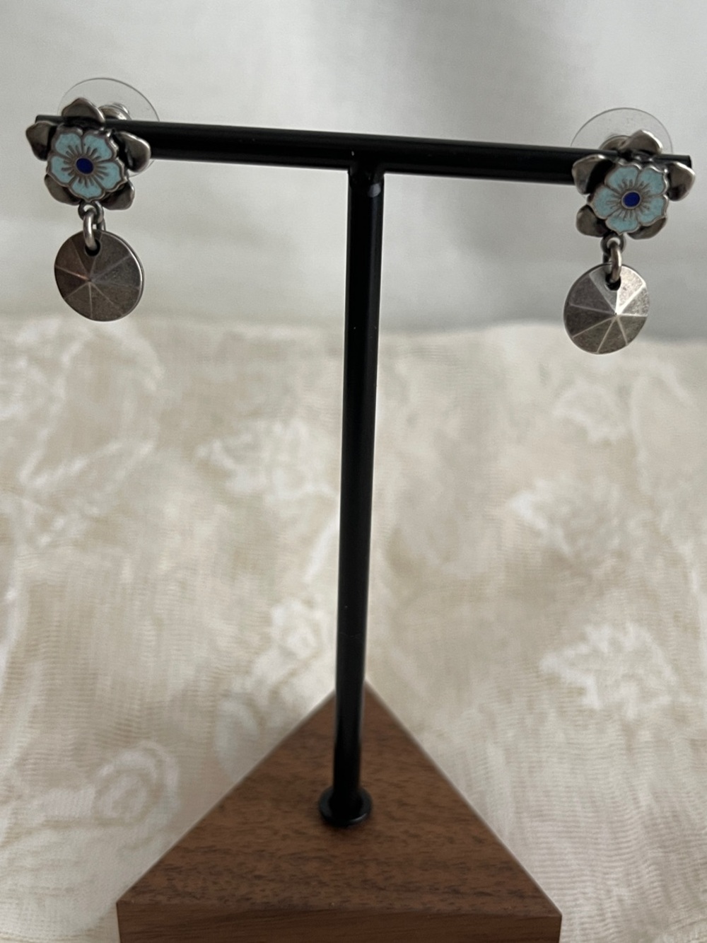 Blue Flower Drop Earrings - Silver-Tone